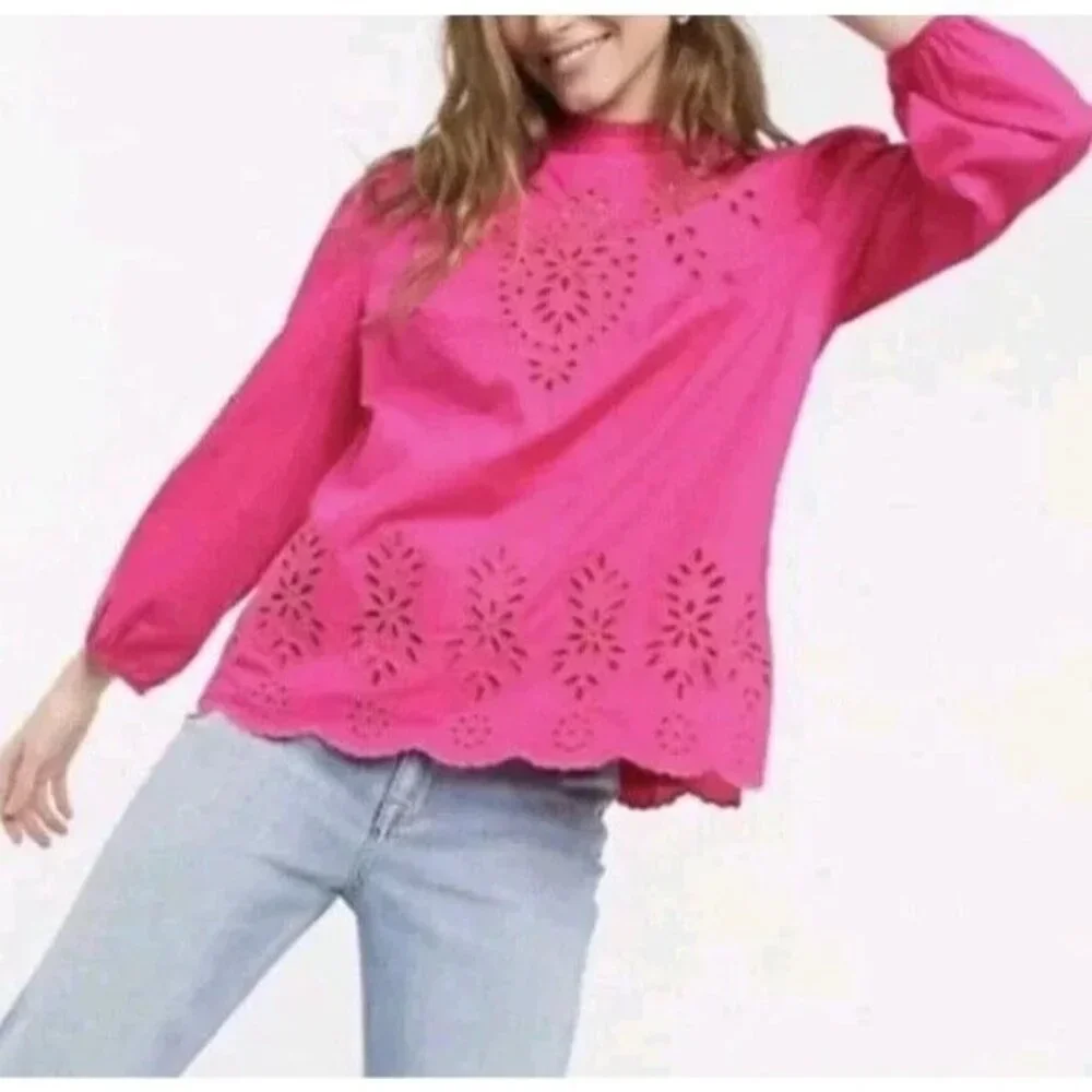 J.Crew Mockneck Cotton Eyelet Top With Cami, Size L,  Fuchsia Pink, Excellent